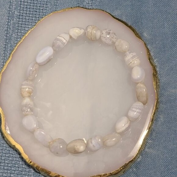 Blue Lace Agate Gemstone Bracelet | 8-12mm Tumbled Crystal Stretch Jewelry - Picture 6 of 7